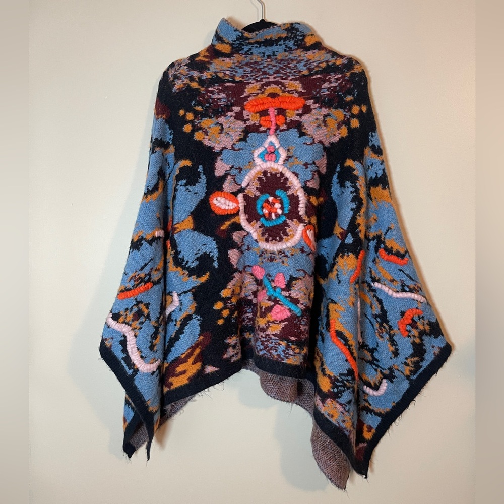 Zara Multicolor Floral Pattern Poncho - Blue, Black, Orange, Pink